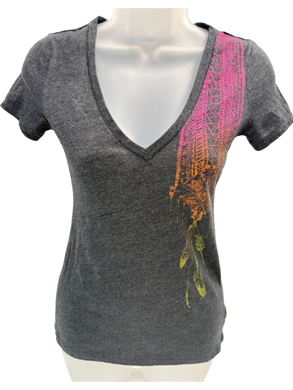 American Eagle Womens XS V-Neck T-Shirt Gray Native Indian Headdress Hippie Boho